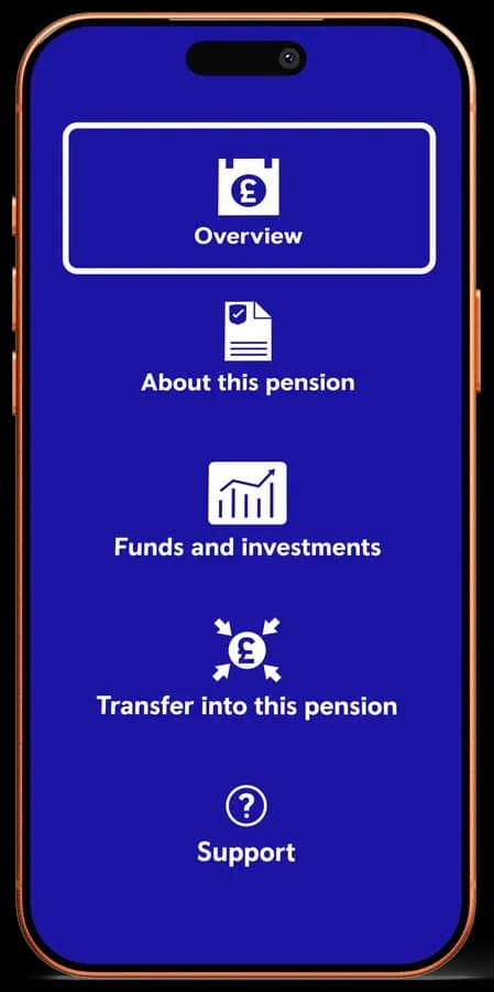 The MyAviva app menu: Overview, About this pension, Funds and investments, Transfer into this pension, and Support