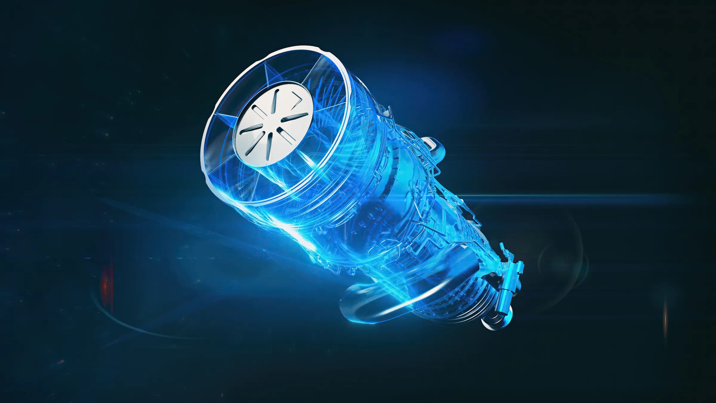 A Rolls-Royce engine rendered in luminous blue